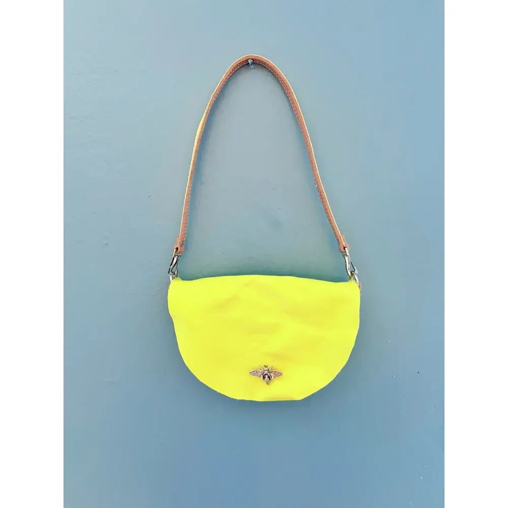 Neon Yellow Half Moon Crossbody Bag with Silver Bee Festival Purse